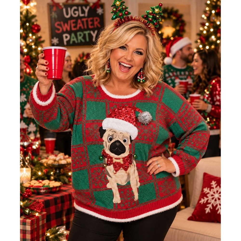 33 Degrees Pug Ugly Christmas Sweater XXL Red Green Sequin Santa Hat Bells